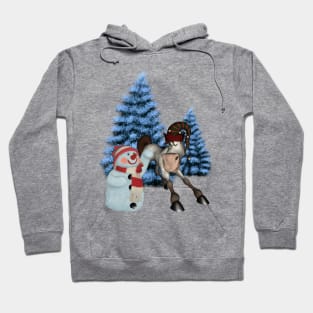 Christmas, funny cartoon horse with snowman Hoodie